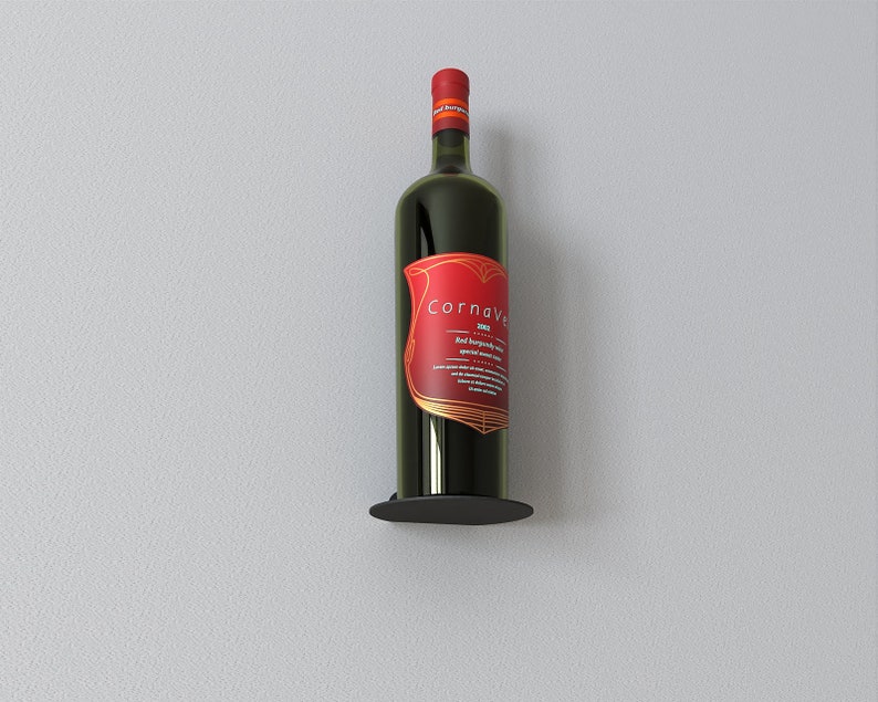 May include: A black metal wine bottle holder with a single bottle of red wine. The bottle label reads "Cornava" and "Red Burgundy Wine".