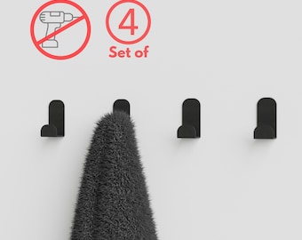 Adhesive Wall Hook Set of 4, Metal Black Coat Hooks for Towels, Hats, Bags