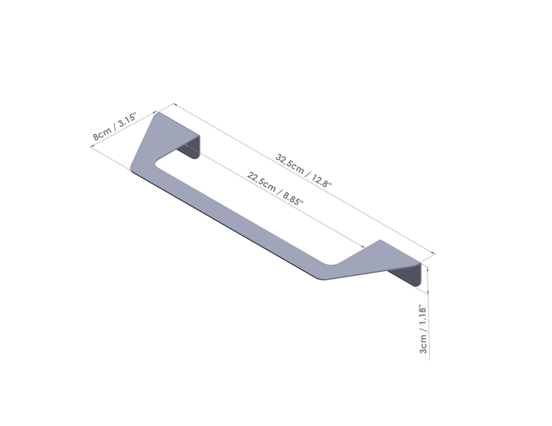 May include: Silver metal cabinet handle with a rectangular shape and rounded edges. The handle measures 12.8 inches long, 8.85 inches wide, and 1.18 inches high.