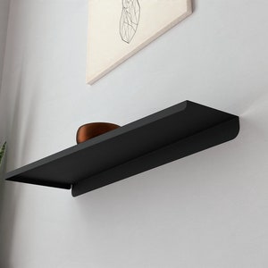 May include: A black floating shelf mounted on a white wall. A small, brown, rounded object sits on the shelf. A framed abstract art piece hangs above the shelf, and a green plant is visible on the left.