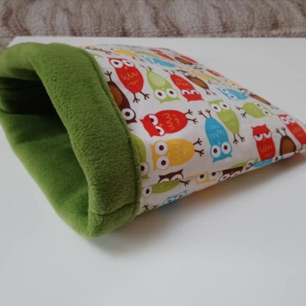 Large Guinea Pig Snuggle Sack, Multicolor Hedgehog Pouch, Green Owl Rat Cuddle Pocket, Ferret Handmade Pet Cosy, Tenrec Cozy Hide, Sleep Bed