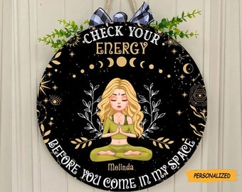 Check Your Energy Personalized Circle Wooden Sign, Best Gift For Yoga Lover, Gift Idea For Best Friend, Witch Yoga Door Hanger