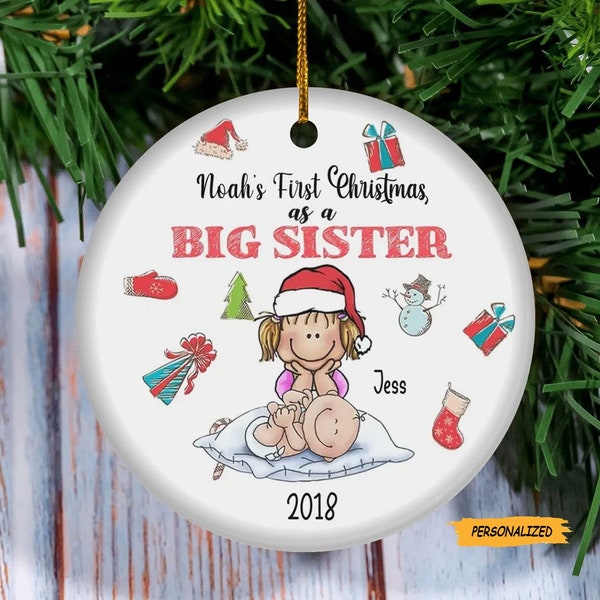 Big Sister’s First Christmas Ornament, Personalized Sibling Ornament, Big Sister Little New Baby Keepsake, Pregnancy Announcement Ornament