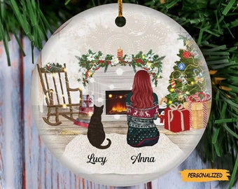 Personalized Christmas Girl With Cat Ornament, Christmas Gift For Cat Mom Ornament, Xmas Cat Lover Gift, Christmas Ornament, Cat Owner Gift