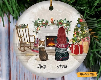 Personalized Christmas Girl With Dog Ornament, Christmas Gift For Dog Mom Ornament, Xmas Dog Lover Gift, Christmas Ornament, Dog Owner Gift