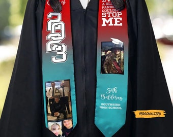 May include: A red, white, and blue graduation sash with the year 2023 printed on it. The sash also has the text "Even a global pandemic couldn't stop me" and a photo of a graduate. The sash is personalized with the name "Seth Balderas" and "Southside High School".