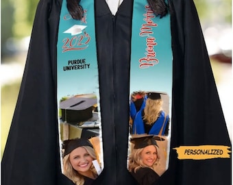 May include: A black graduation gown with a teal and white sash. The sash features the text "2022" and "Purdue University". The sash also has a photo of a graduate and the word "Personalized".