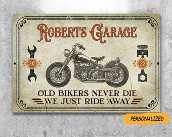 Vintage Motorcycle Personalized Metal Sign, Old Bikers Never Die We Just Ride Away, Vintage Design, Garage Home Decor, Gift For Him, Dad