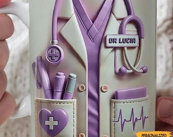 May include: A white ceramic mug featuring a doctor's coat design with a purple stethoscope, pens, and a heart-shaped pocket. The mug has the text "DR LUCIA" and a personalized label.