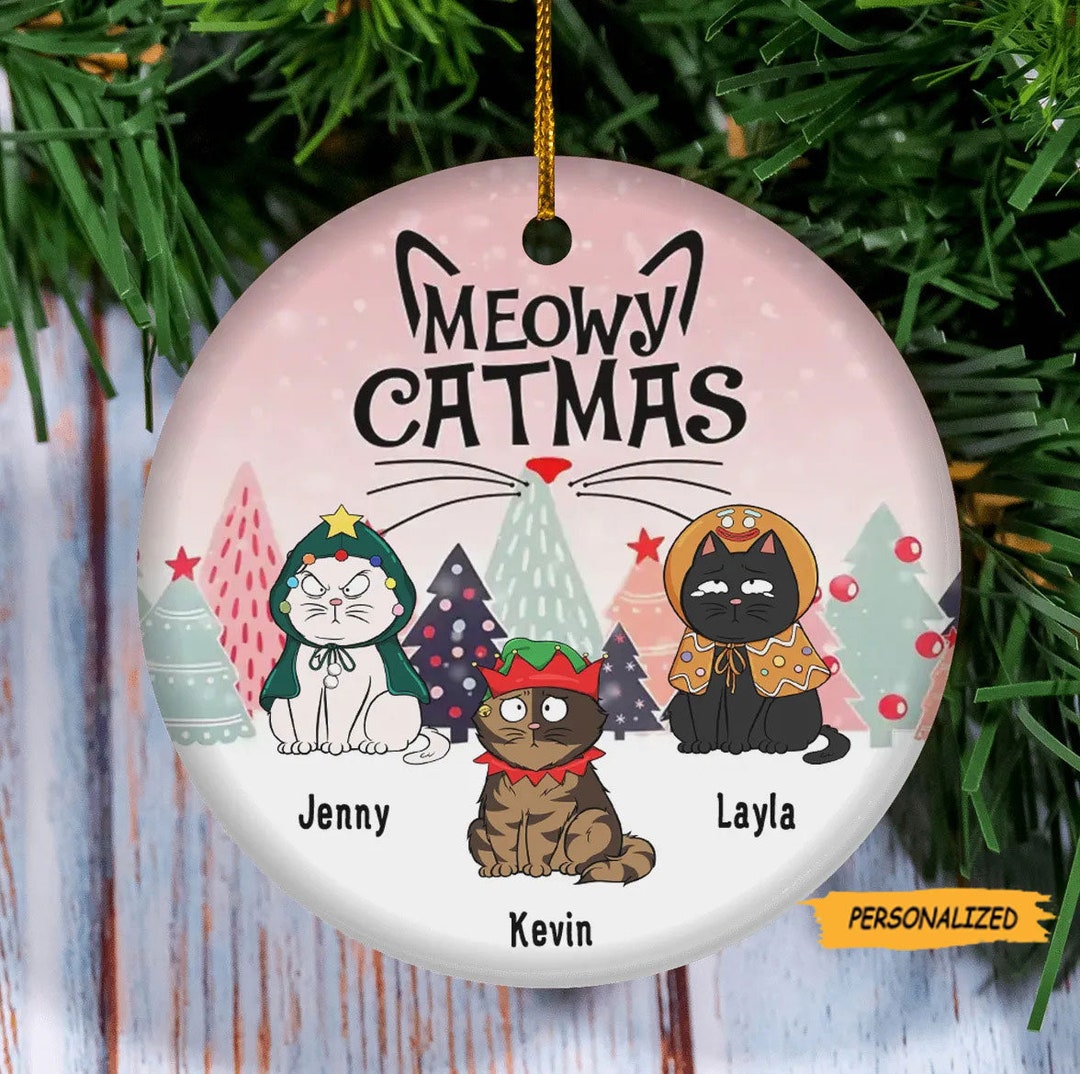 Meowy Catmas Pinktone – Personalized Circle Ceramic Ornament – Gift for ...