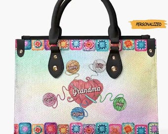 Crochet Mom Grandma Personalized Leather Bag, Gift For Crochet Grandma, Crochet Lover, Birthday Gift, Leather Bag For Grandma, Mom