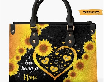 Blessed Sunflower Nana Personalized Leather Bag, Gift For Grandma, Mother, Custom Grandkids Leather Bag, Best Grandma Ever, Birthday Gift