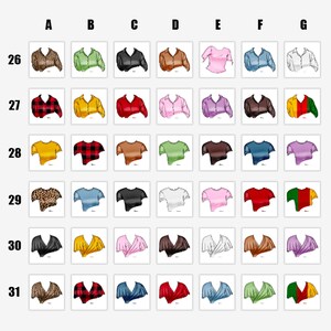 Puede incluir: Un gr&aacute;fico que muestra diferentes estilos de camisas para mujeres. El gr&aacute;fico est&aacute; organizado por tama&ntilde;o y estilo. Los tama&ntilde;os son 26, 27, 28, 29, 30 y 31. Los estilos son A, B, C, D, E, F y G.