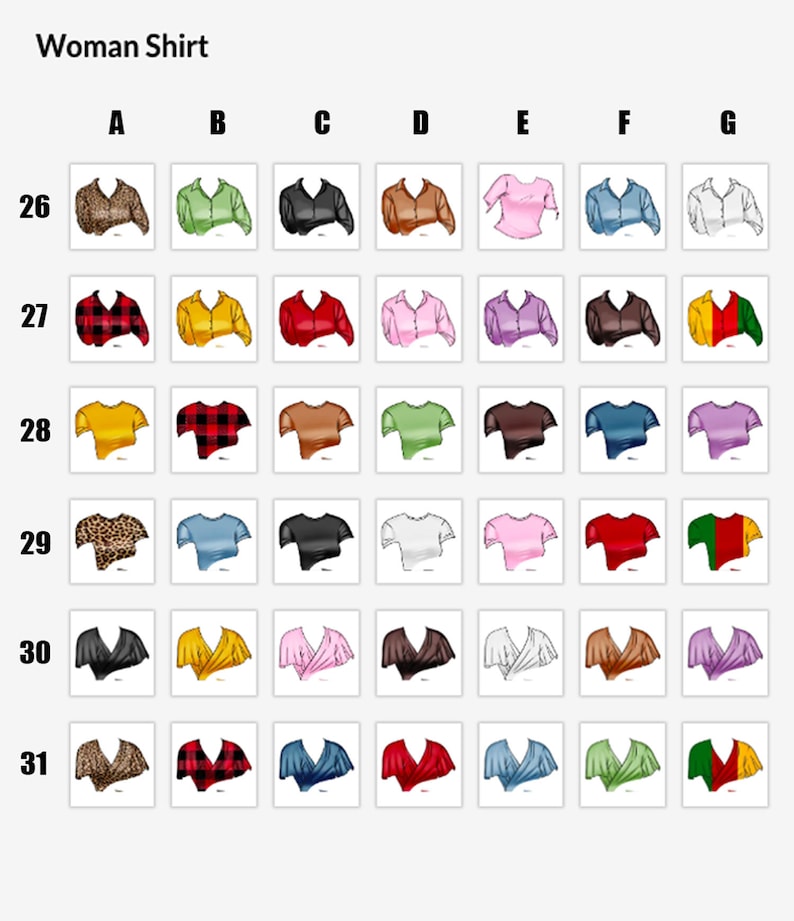 Puede incluir: Un gr&aacute;fico que muestra diferentes estilos de camisas para mujeres. El gr&aacute;fico est&aacute; organizado por tama&ntilde;o y estilo. Los tama&ntilde;os son 26, 27, 28, 29, 30 y 31. Los estilos son A, B, C, D, E, F y G.