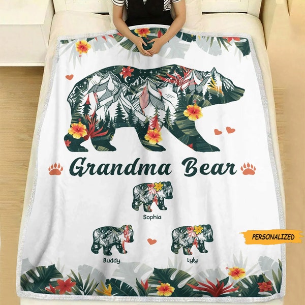 Grandma Bear Flower Personalized Blanket, Best Gift For Grandma, Custom Name Blanket, Mother's Day Gift For Grandma, Best Grandma Ever