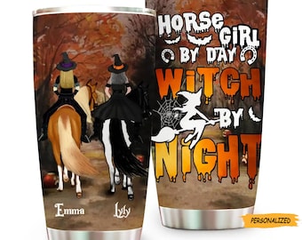 Personalized Custom Witch Riding Horse Tumbler, Halloween Gift For Horse Lovers, Friends, Besties, You Can’t Scare Me I Ride Mare