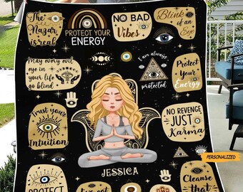 Protect Your Energy Personalized Blanket, Best Gift For Yoga Lover, Gift For Her, Blanket For Yoga Girl, Birthday Gift, Custom Yoga Blanket