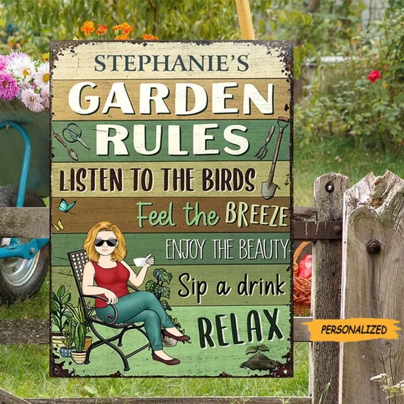 Deck Rules Listen To The Birds Husband Wife Couple - Backyard Sign - Personalized Metal Signs Designed By Single-Minded Jo