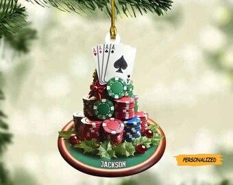 Adorno de póker con nombre personalizado, adorno acrílico navideño de póker personalizado, regalo para amantes del póker