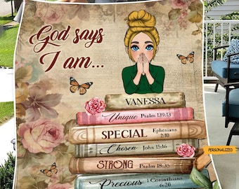 God Says I Am With Books Flowers Personalized Blanket, Thoughtful Gift For Birthday, Blanket For Daughter, Custom Name Blanket