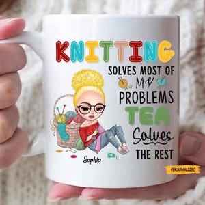 Cartoon Characters with Yarn and Knitting, Personalized Custom White Mug, Gift for Knitters, Knitting Lover, Knitting Girl, Birthday Gift