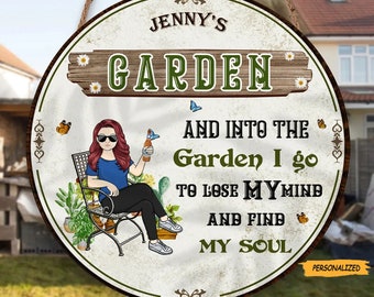 And Into The Garden I Go Gardening Girl Garden Sign, Personalized Custom Classic Door Sign, Backyard Sign, Custom Garden Girl Wood Sign