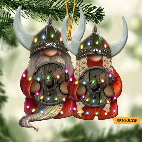 Viking Gnome Couple With Printed Christmas Light, Personalized Custom Couple Christmas Ornament, Gift For Couples, Christmas Gift For Couple