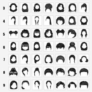 Puede incluir: Un gr&aacute;fico con 12 filas y 7 columnas de im&aacute;genes en blanco y negro que representan diferentes peinados para mujeres. El gr&aacute;fico est&aacute; etiquetado como "Woman Hair" en la parte superior y tiene las letras A a G en la fila superior y los n&uacute;meros 1 a 12 en la columna de la izquierda. La fila inferior tiene una tabla de colores con 7 cuadrados, etiquetados como "BALD" en el tercer cuadrado.