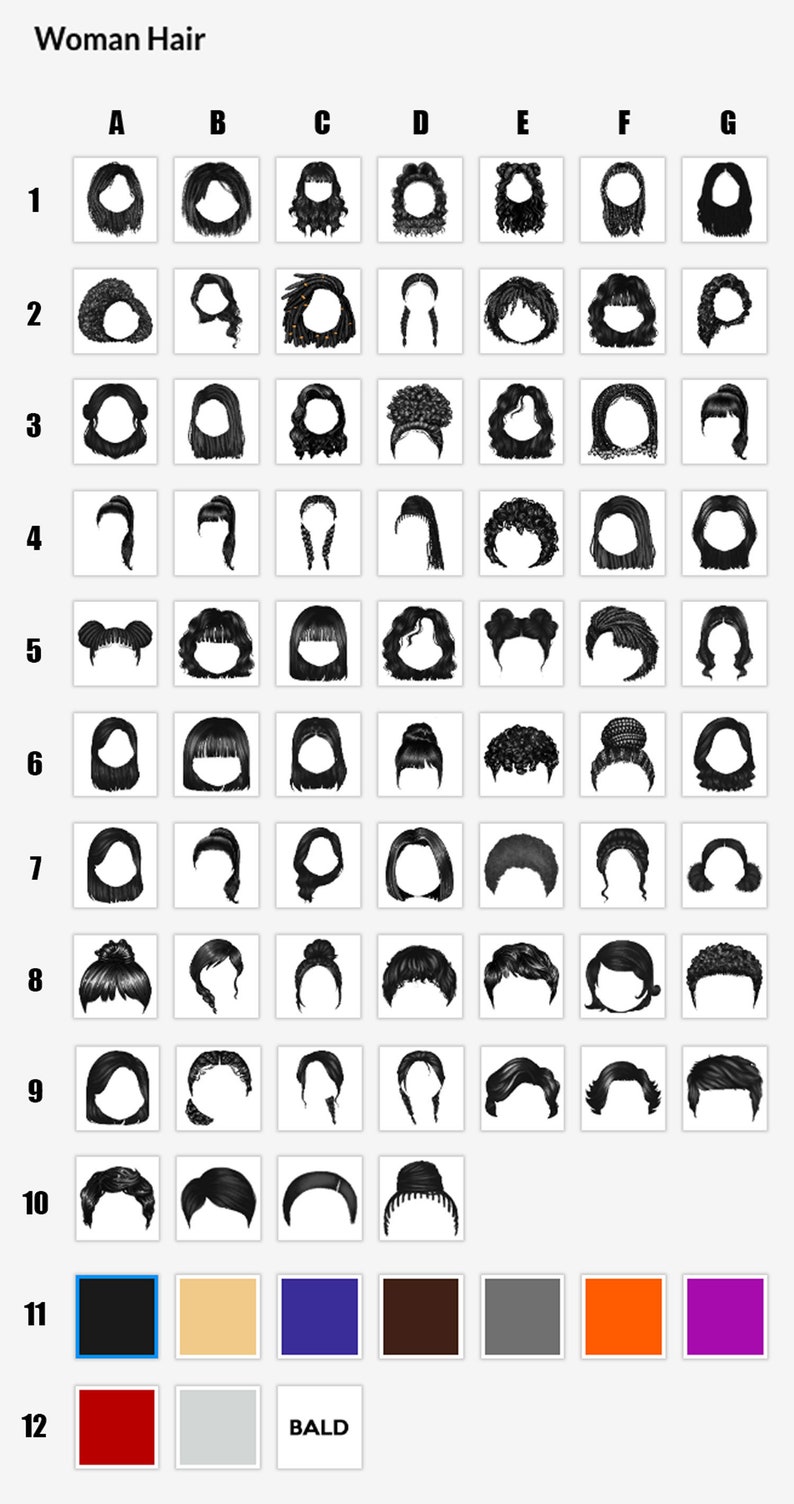 Puede incluir: Un gr&aacute;fico con 12 filas y 7 columnas de im&aacute;genes en blanco y negro que representan diferentes peinados para mujeres. El gr&aacute;fico est&aacute; etiquetado como "Woman Hair" en la parte superior y tiene las letras A a G en la fila superior y los n&uacute;meros 1 a 12 en la columna de la izquierda. La fila inferior tiene una tabla de colores con 7 cuadrados, etiquetados como "BALD" en el tercer cuadrado.