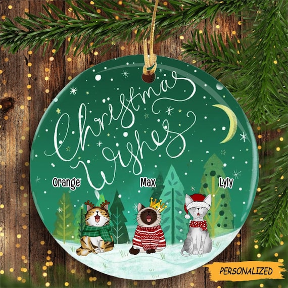Cat Christmas Wishes Greentone Circle Ceramic Ornament, Cat Tree Ornaments