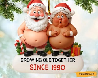 Personalized Growing Old Together Santa And Mrs. Claus Custom 2D Flat Acrylic Ornament, Gift For Couples, Anniversary Gift, Old Couple Gift