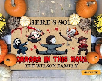 There’s Some Horrors in This House, Funny Horror Movies Character Personalized Doormat, Gift For Family, Custom Name Doormat