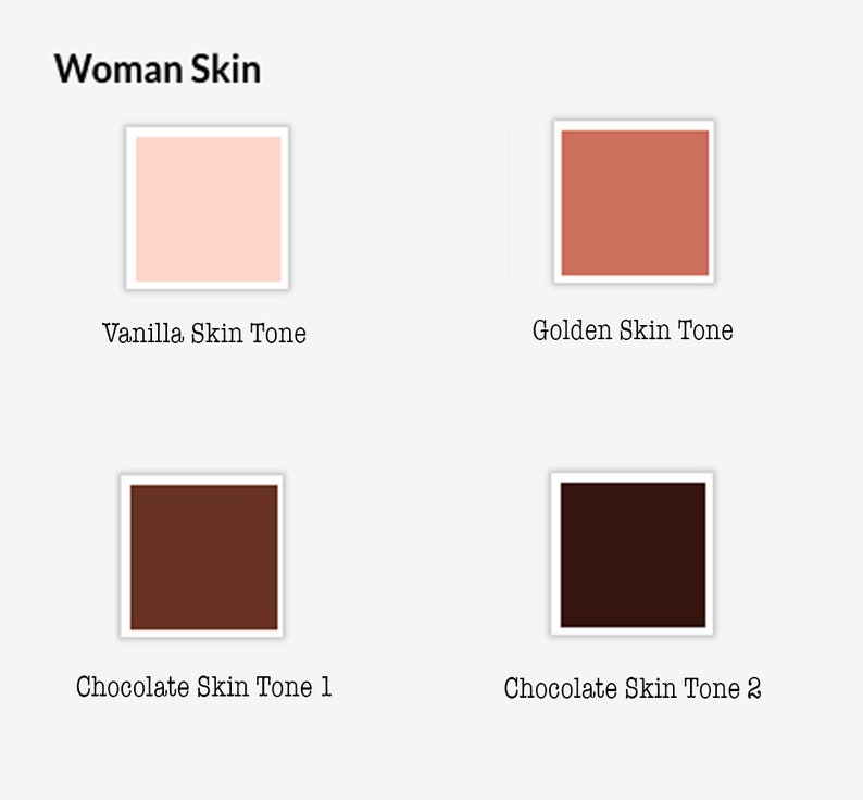 Puede incluir: Cuatro muestras de color que representan diferentes tonos de piel: rosa claro, melocot&oacute;n, marr&oacute;n y marr&oacute;n oscuro. Las muestras est&aacute;n etiquetadas como "Tono de piel vainilla", "Tono de piel dorado", "Tono de piel chocolate 1" y "Tono de piel chocolate 2".