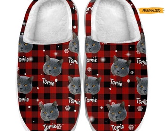 Cat Photo With Name Personalized Slippers, Christmas Gift For Cat Lover, Cat Owner Gift, Custom Photo Cat Slippers, Funny Cat Gift
