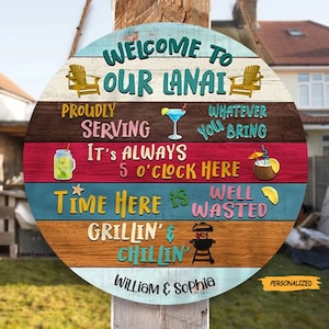 Lanai Welcome Proudly Serving, Personalized Custom Wood Circle Sign, Custom Name Wood Sign, Gift For Family, Friend, Decor Home Gift