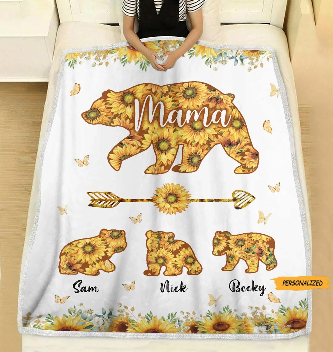 Mama Bear Sunflower Personalized Blanket, Best Gift for Mother, Custom ...