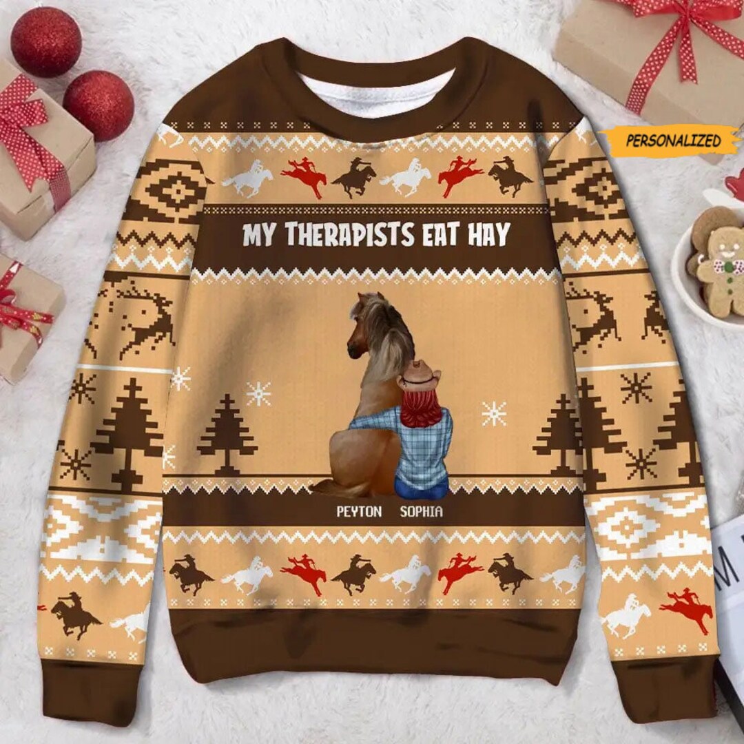 Horse My Therapist Eats Hay Personalized Custom Horse Ugly Christmas Sweater Gift for Horse Lovers Custom Woman and Horse Gift for Her Etsy