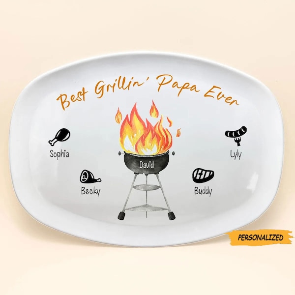 Best Grillin’ Papa Ever Personalized Platter, Gift For Dad Grandpa Papa, BBQ Gifts, Grill Master, Birthday Gift For Dad, Custom Kids Platter