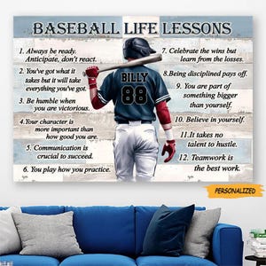 May include: A personalized baseball-themed wall art print. The artwork features a baseball player with the name "BILLY" and the number "88" on the jersey. The print includes inspirational "Baseball Life Lessons" in a list format.