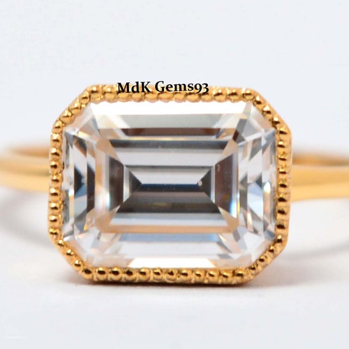 East West shops Emerald Cut Engagement Ring, 2.5Ct Emeraldd Cut Moissnaite Solitaire Ring, Filigree Bezel Setting Ring, 14k Gold Proposal Ring