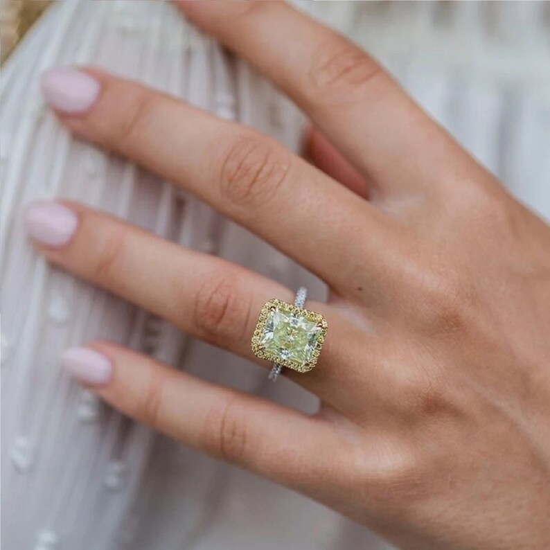 2.80 CT Yellow Radiant Cut Diamond Engagement Ring. Canary Yellow Diamond Ring. Fancy Lab Diamond Ring. Anniversary Gift. shops Hidden Halo Ring