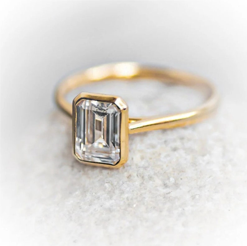 1.7 Carat Emerald Cut Moissanite Engagement Ring/ Bezel Set - Etsy