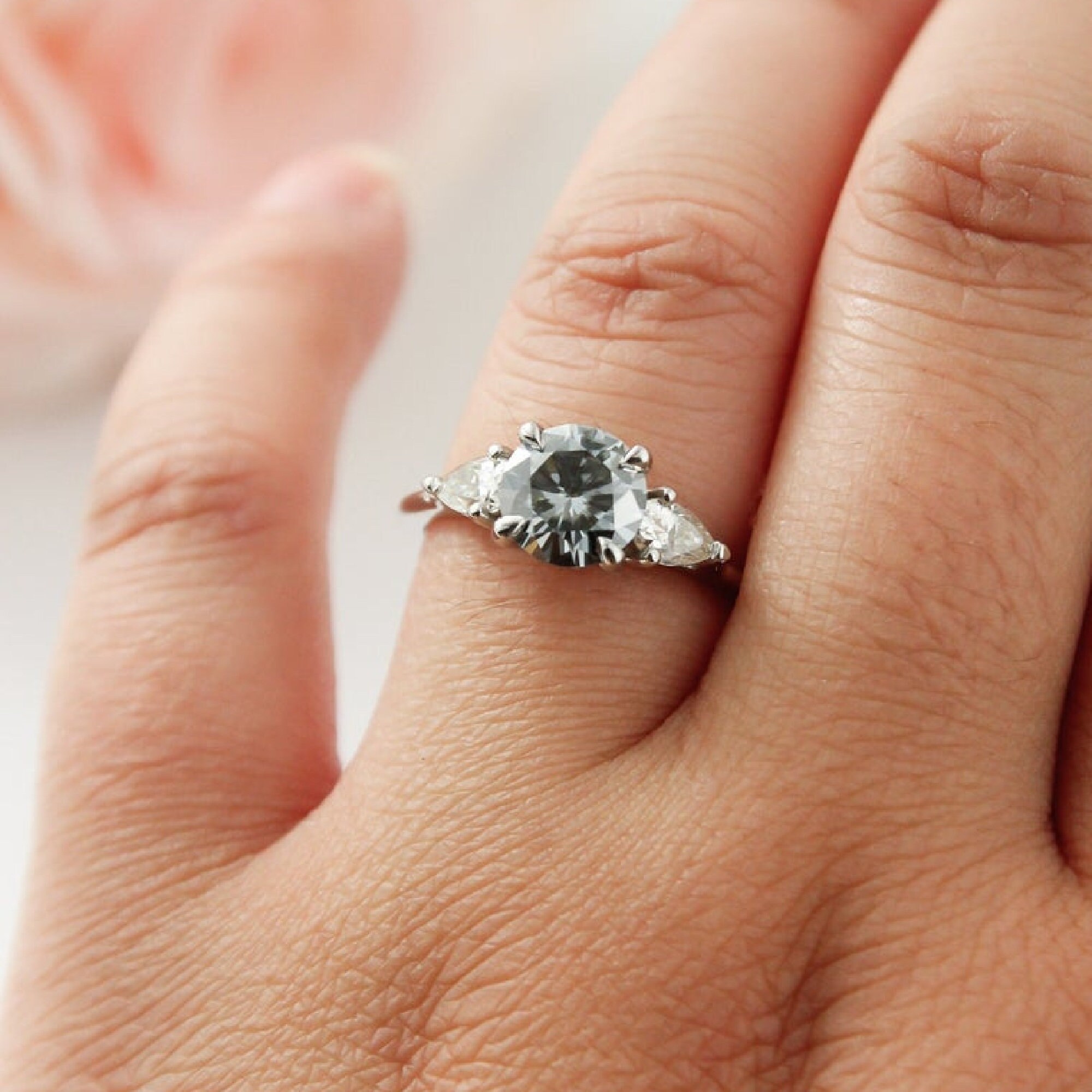 Grey Moissanite Engagement Ring Stunning Trilogy Wedding Ring Etsy