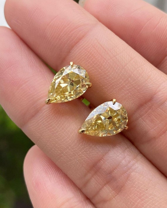 Teardrop Stud Earrings Canary Yellow Moissanite Earrings 2.6 Ctw