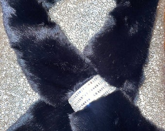 Black Faux Fur Scarf with Swarovski Crystal