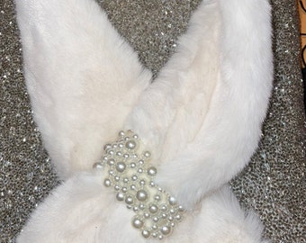 White Faux Fur Scarf with Swarovski Crystal