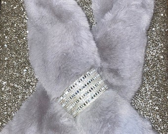 Gray Faux Fur Scarf with Swarovski Crystal