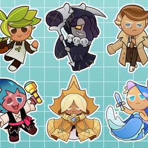 May include: Six colorful cartoon cookie characters with different expressions and accessories. The characters are on a blue and white checkered background.