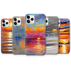 May include: Set of five phone cases featuring colorful sunset scenes painted in an impressionistic style. Each case has a different sunset scene with varying colors and brushstrokes.