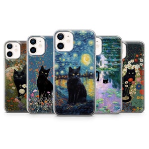 モダンアートの黒猫のパロディ電話ケース、iPhone 16、15、14、13、12、11、SE、X、Pixel 9、8、8A、7、6、Samsung S25、24、S23、S22、S21用